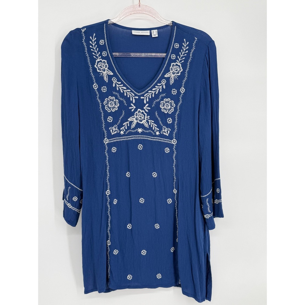 Susan Graver Blue Embroidered Tunic Dress V Neck Long Sleeve Rayon